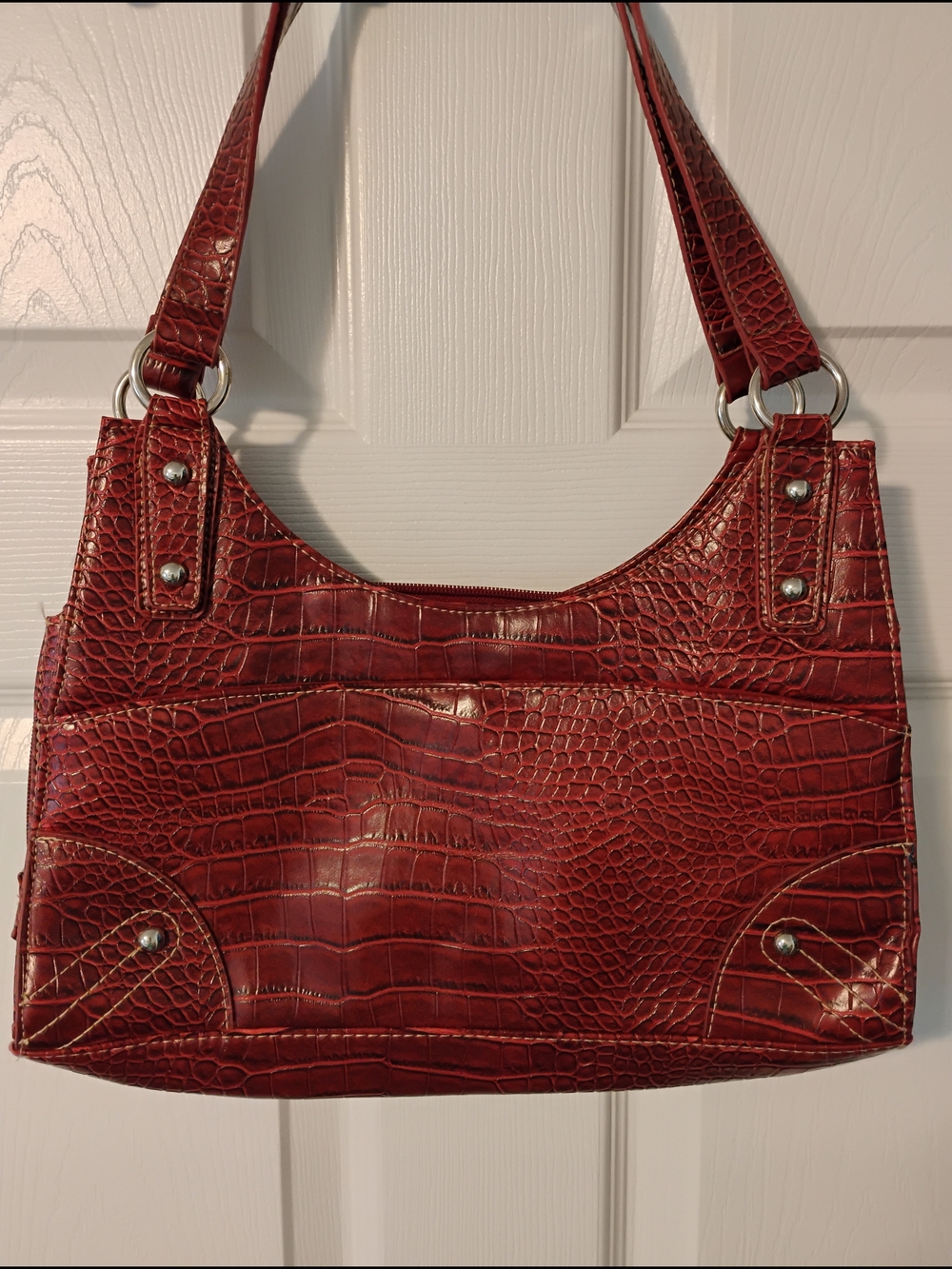 Red Croc-Embossed Shoulder Bag with Silver Hardware